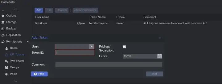 Proxmox Web UI : Add API Token Popup Window