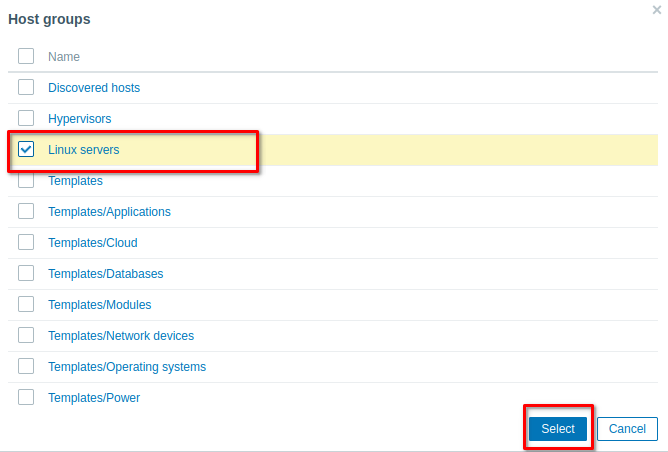 Zabbix Group Selection Page