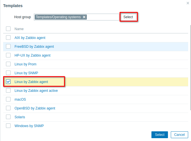 Zabbix Template Selection Page